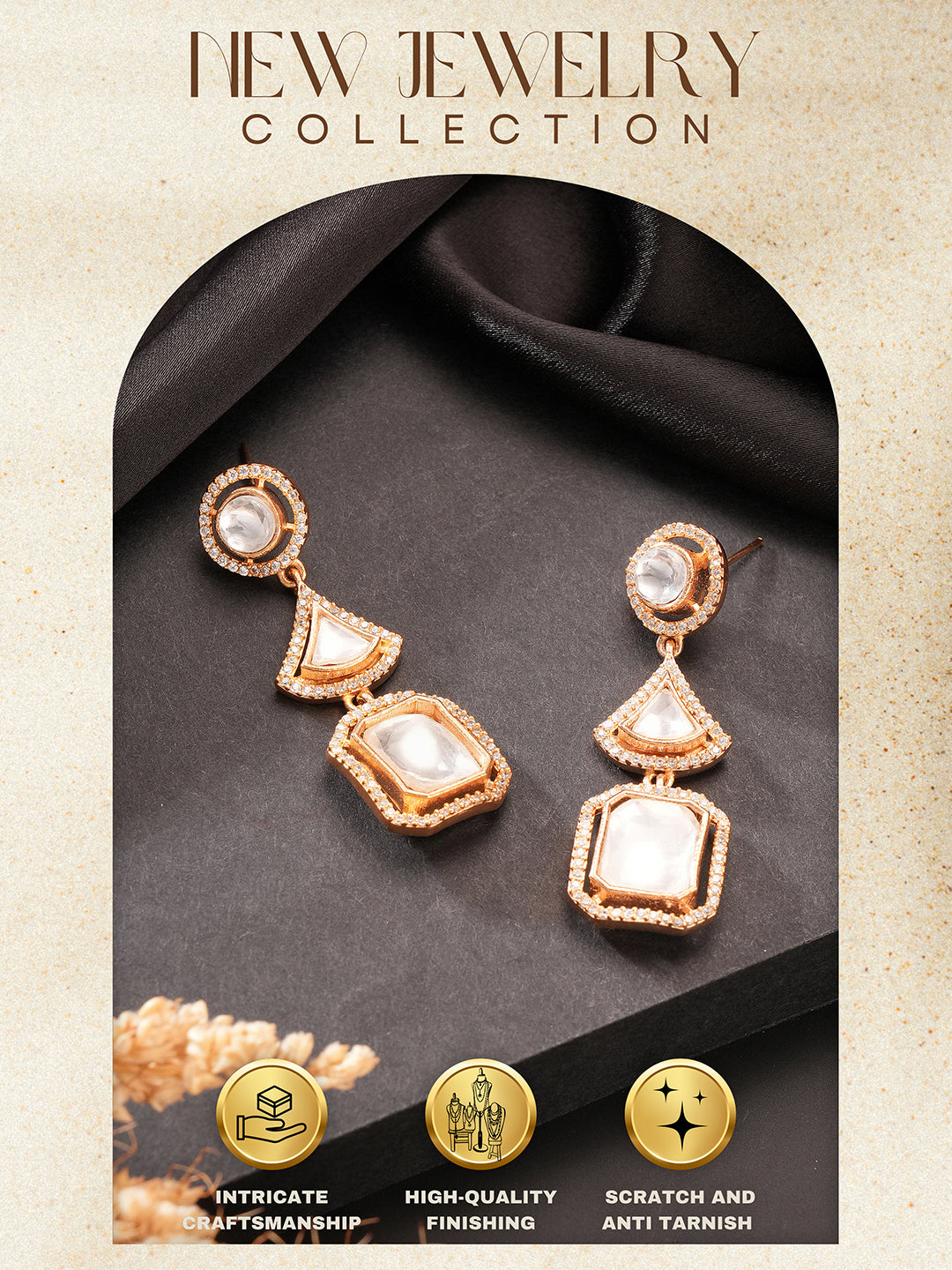 Gold Plated Uncut Polki Mossanite Kundan Studded  Quirky Shaped Dropdown Earrings