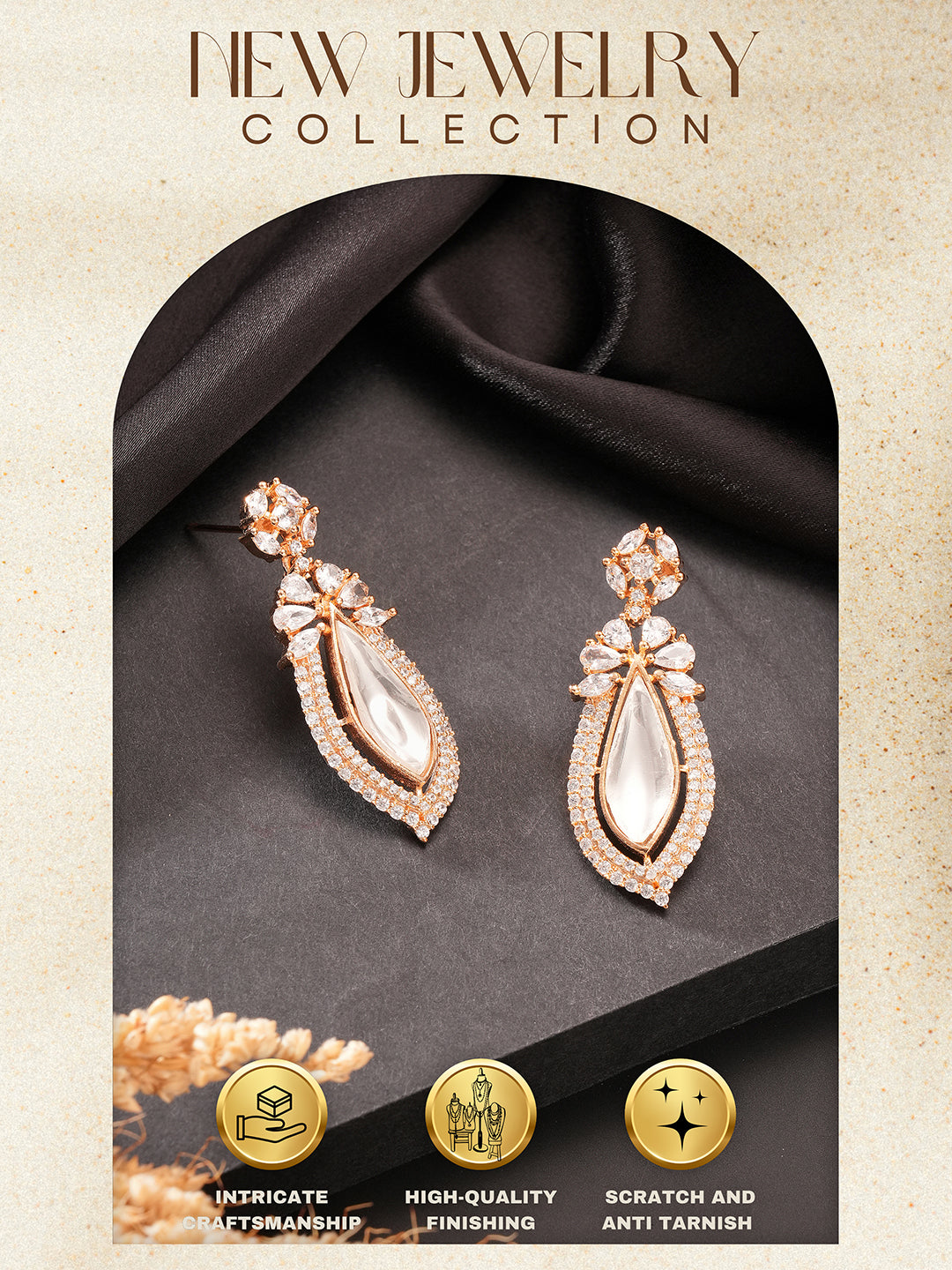 Gold Plated Uncut Polki Mossanite Dropdown Minimal Earrings