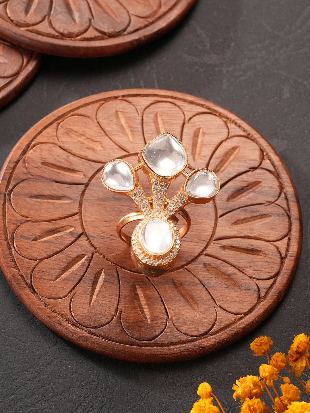 Antique Gold Plated Kundan Studded  Intricate Solitaire Finger Rings