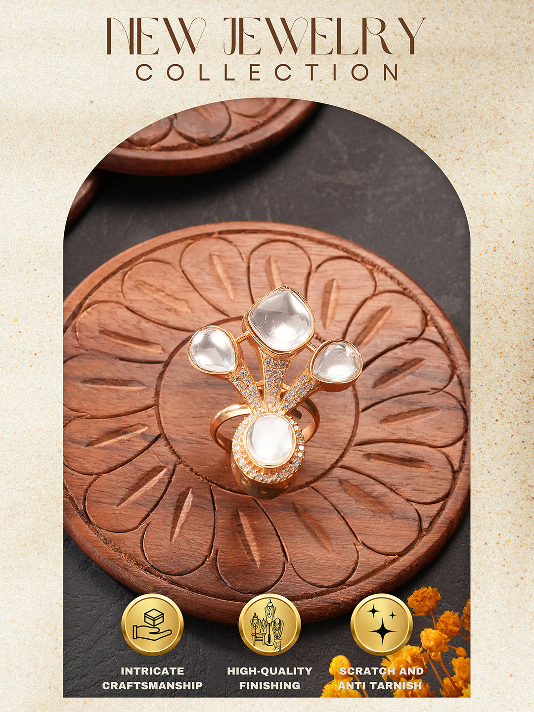 Antique Gold Plated Kundan Studded  Intricate Solitaire Finger Rings