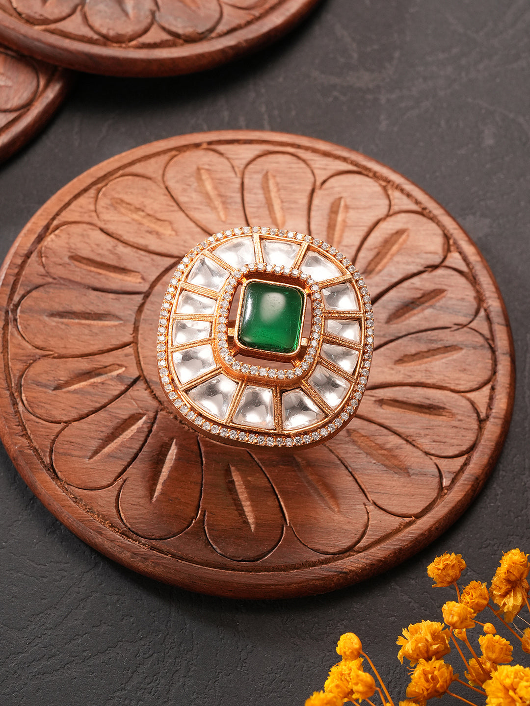 Gold Plated Green Emerald Kundan Studded Geometric Adjustable Cocktail Finger Ring