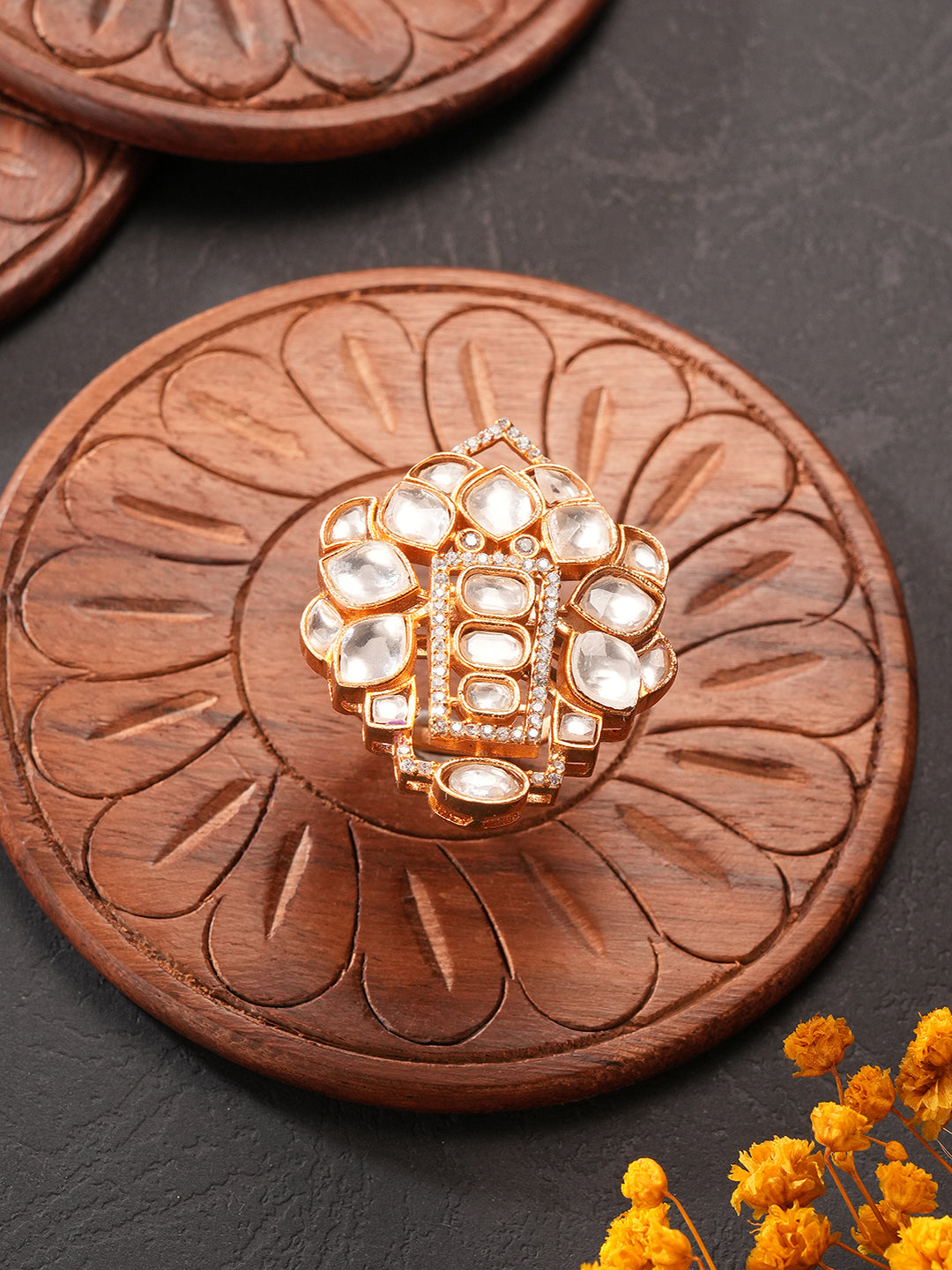 Gold Plated Uncut Polki Kundan Mossanite Studded Designer  Floral Adjustable Finger Ring