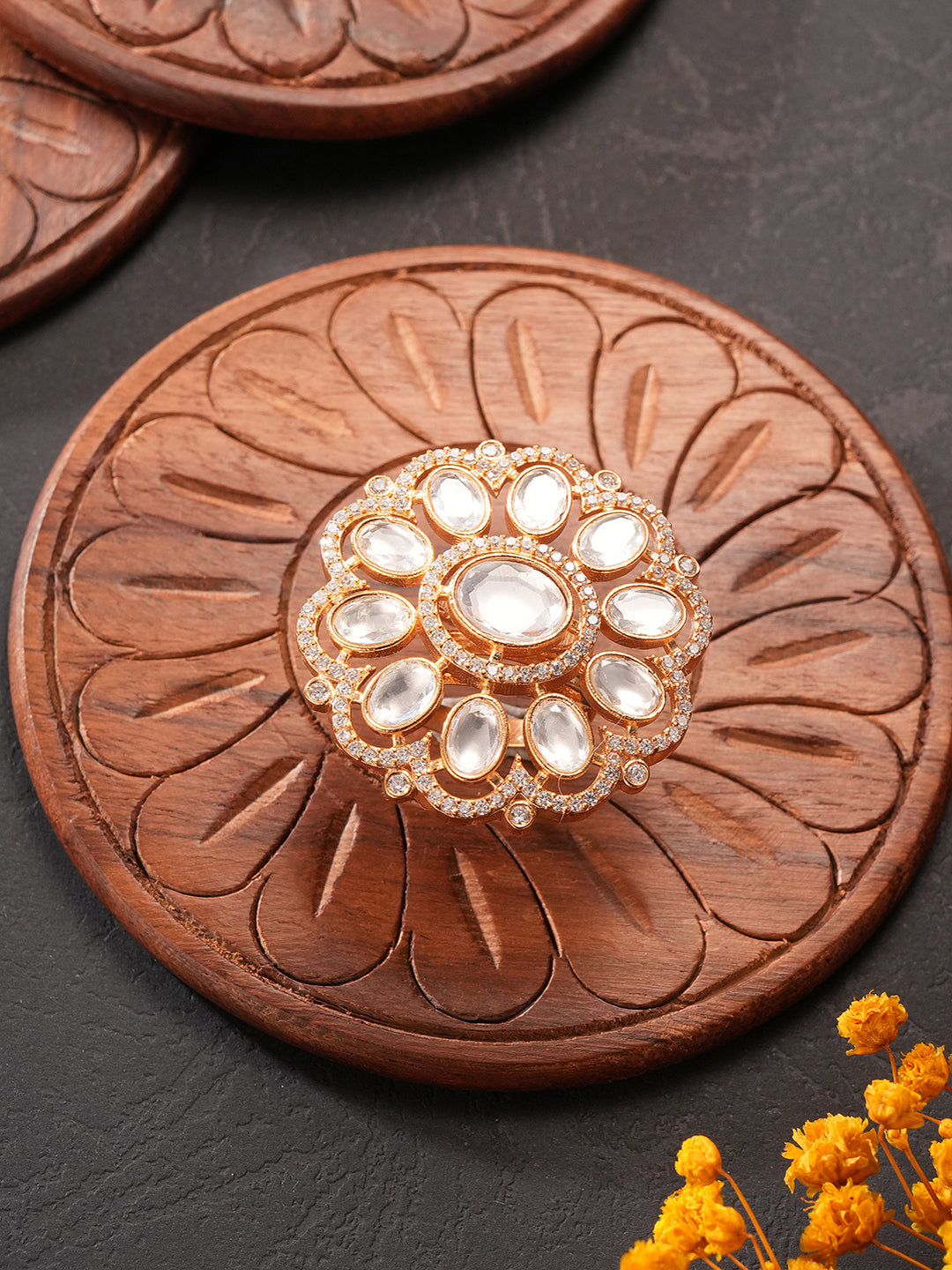 Gold Plated Kundan Mossanite Studded Floral Bridal Handcrafted Adjustable Finger Rings