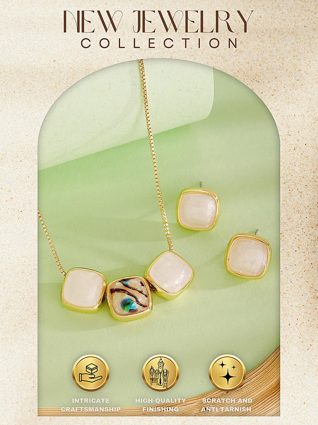 Elegant Square Stone Pendant Necklace & Earrings Set