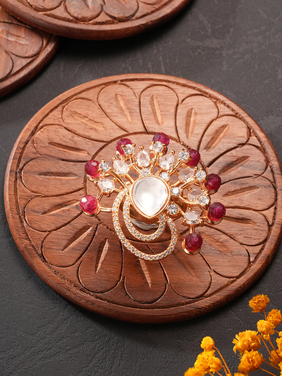 Gold Plated Kundan Red Beads Studded Floral Adjustable Cocktail Finger Ring