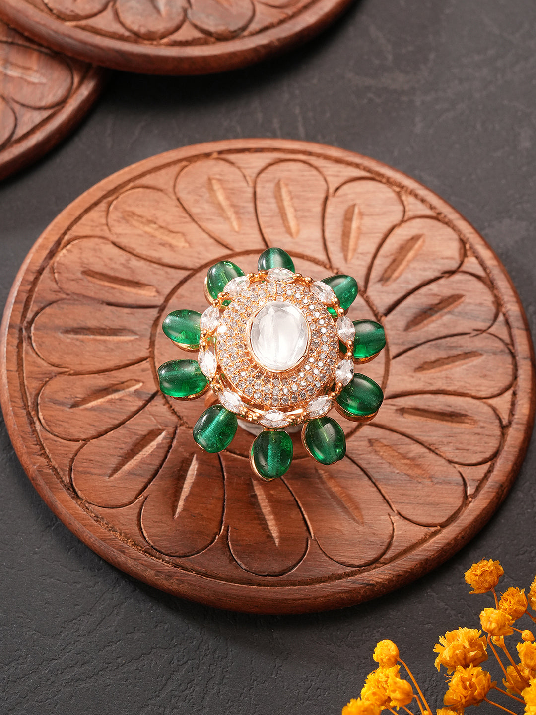 Gold Plated Kundan Mossanite Green Beads Studded Designer Adjustable Finger Rings