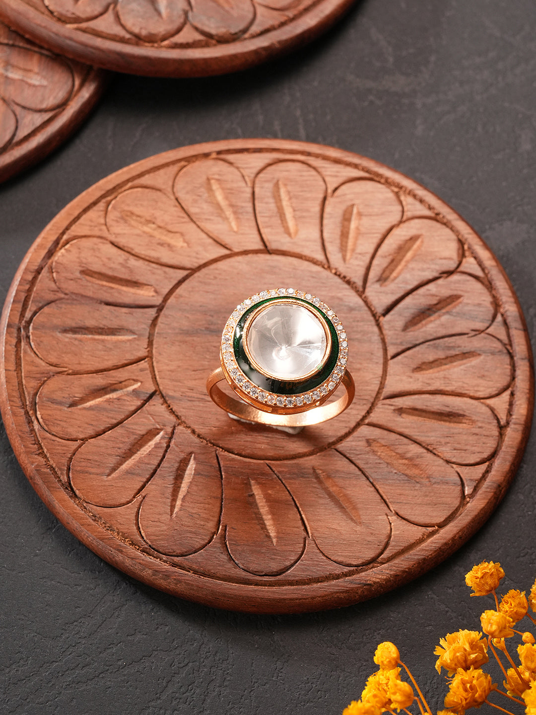 Gold Plated Incut Kundan Mossanite Studded Minimal Bridal Adjustable Handcrafted Finger Rings