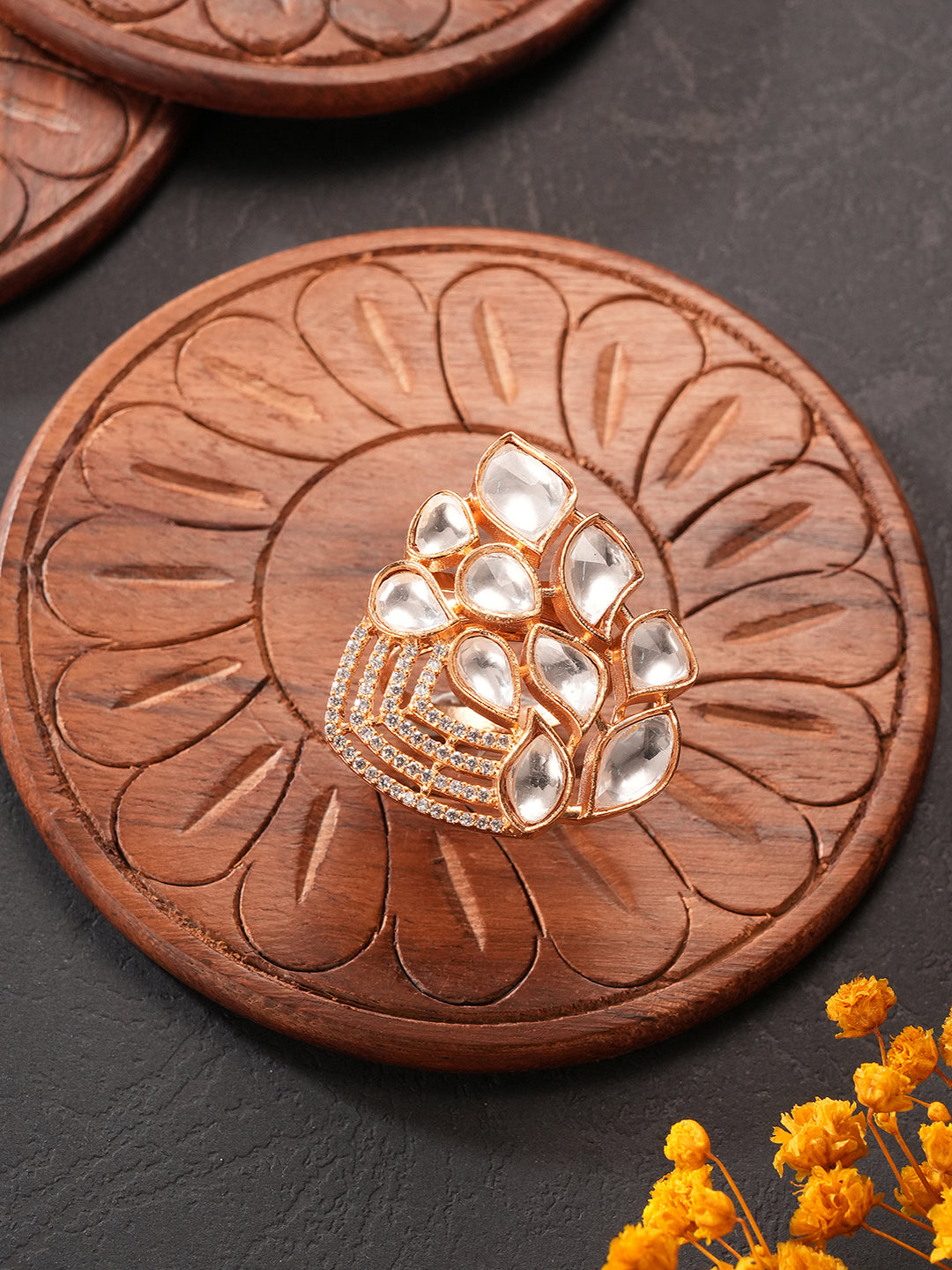 Gold Plated Uncut Polki Mossanite Kundan Studded Adjustable Cocktail Finger Ring