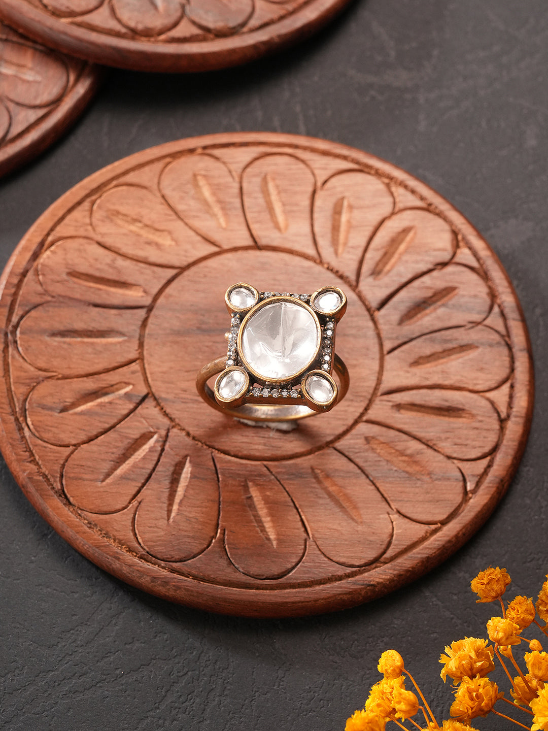 Gold Plated Kundan Uncut Mossanite Studded Geometric Minimal Adjustable Finger Ring