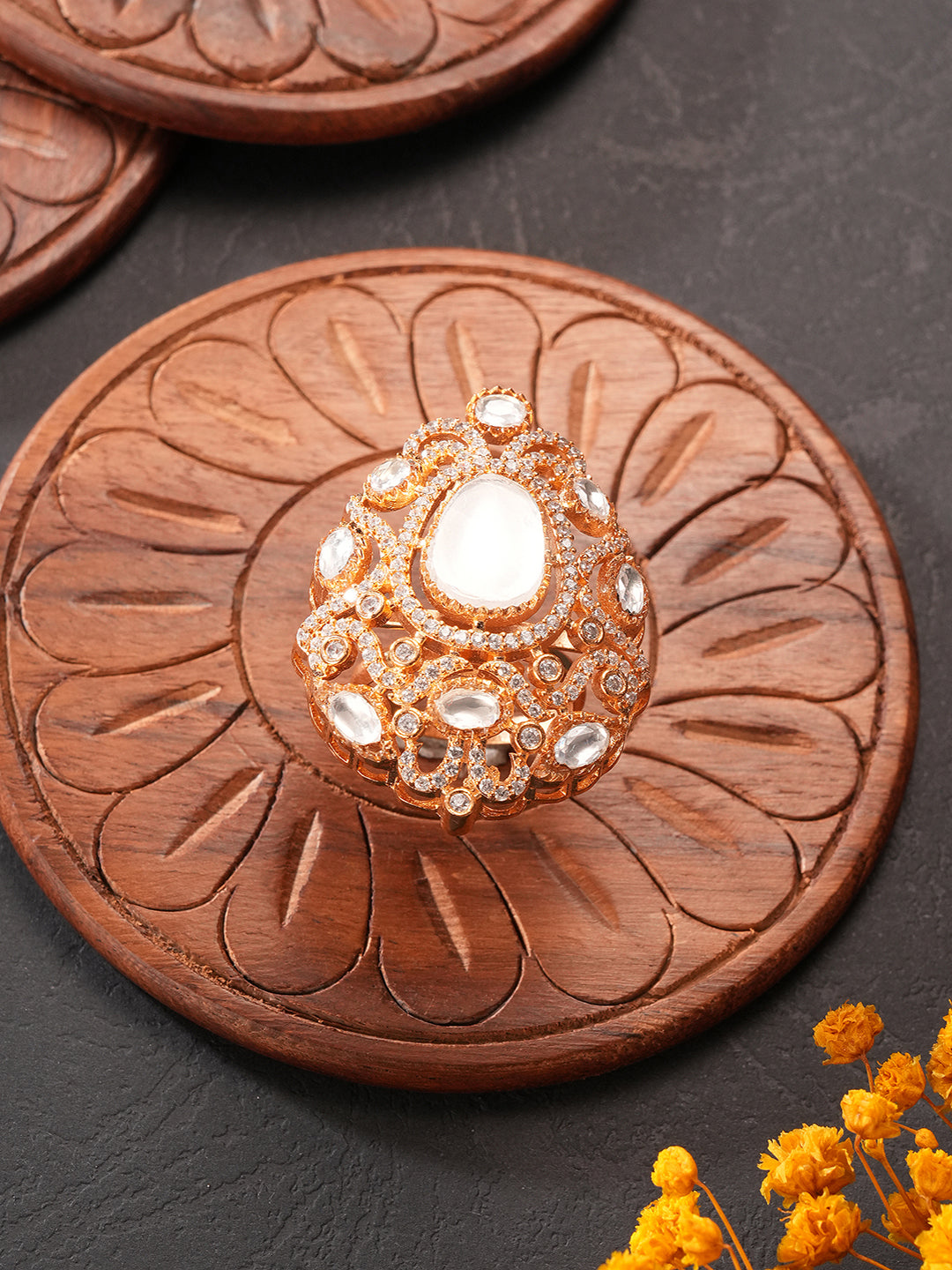 Gold Plated Kundan  Moissanite Studded Filigree Luxe Tilak Shaped Cocktail Finger Ring