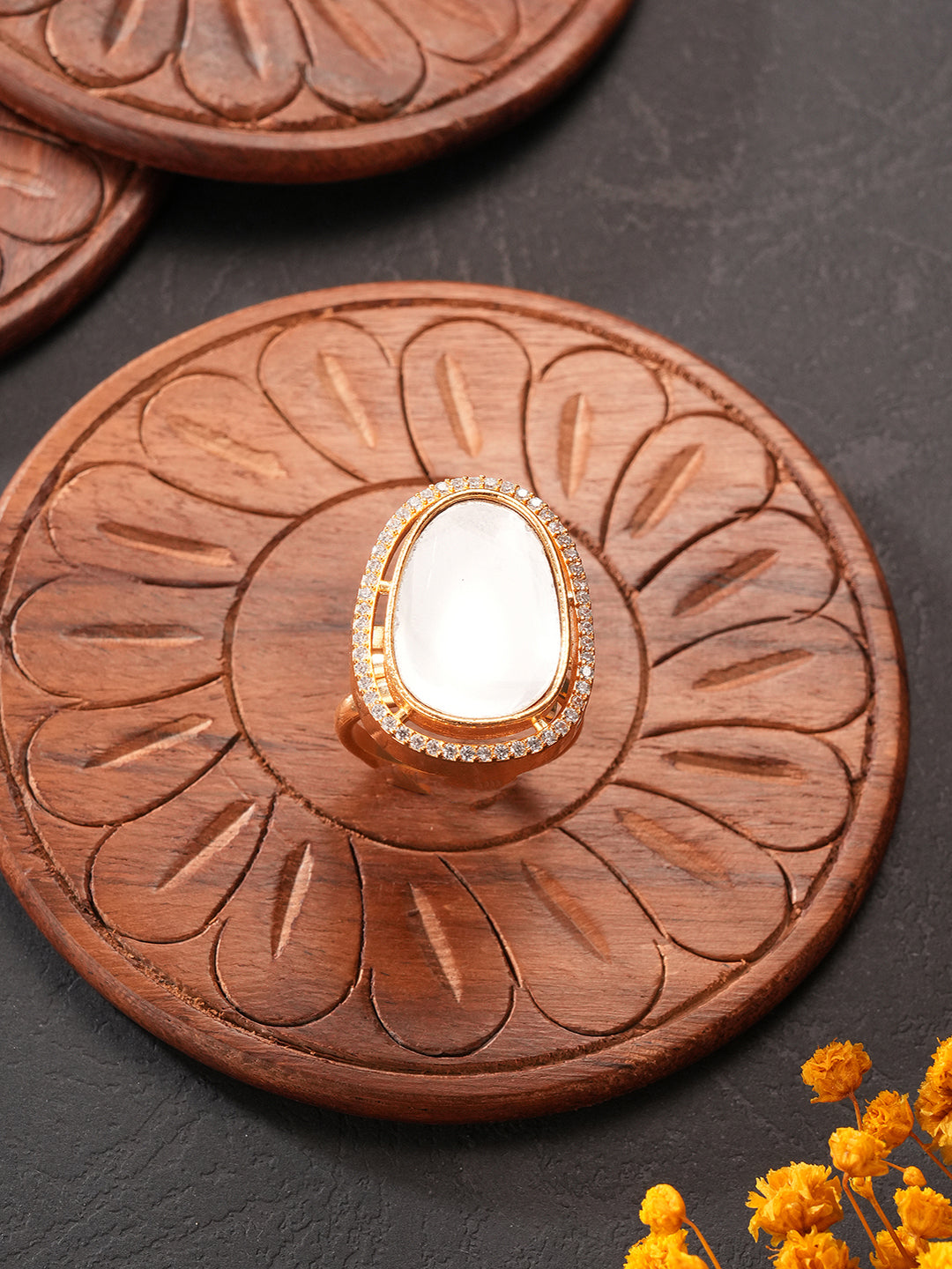 Gold Plated Kundan Mossanite Studded Minimal Bridal Handcrafted Adjustablle Finger Rings