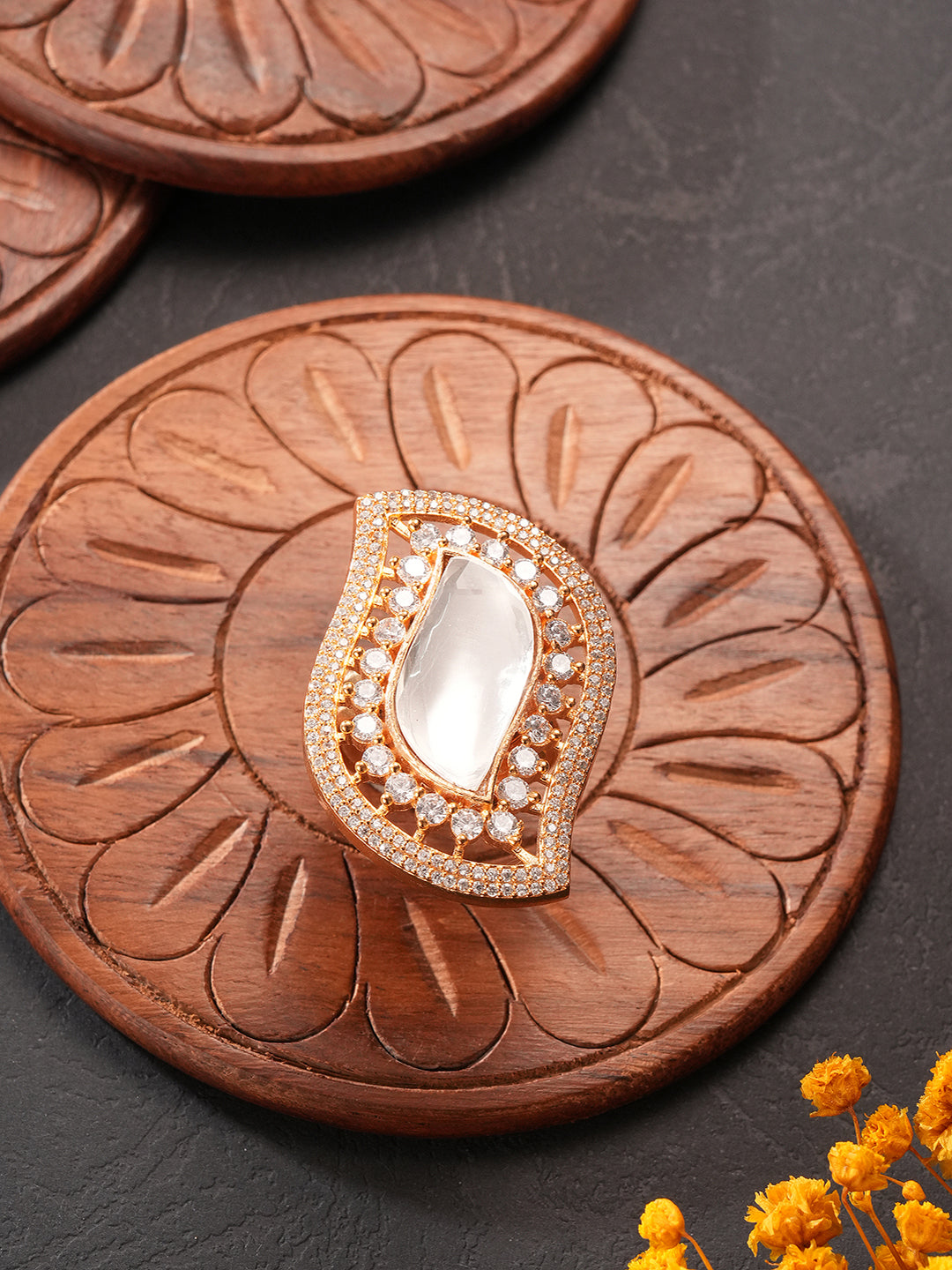 Gold Plated Uncut Kundan Polki Mossanite & Zircon Studded Luxe Quirky Adjustable Finger Ring