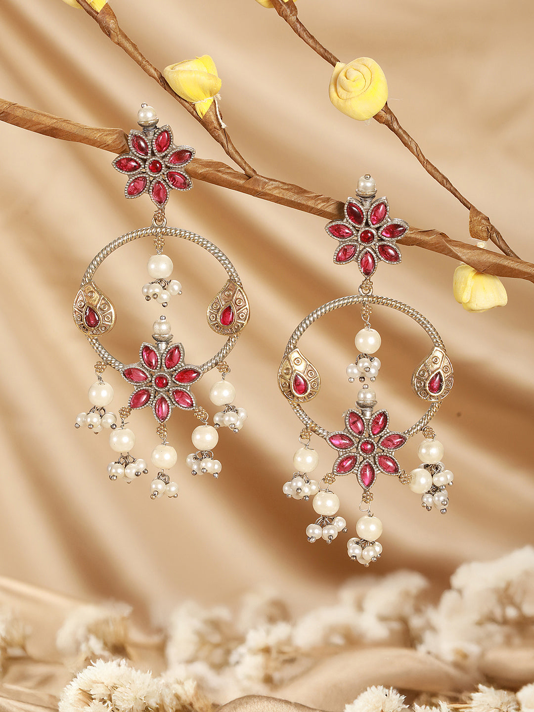 Antique Gold-Toned Pink Stones With Pearl Drop  Floral Hoop Contemporary  Earrings