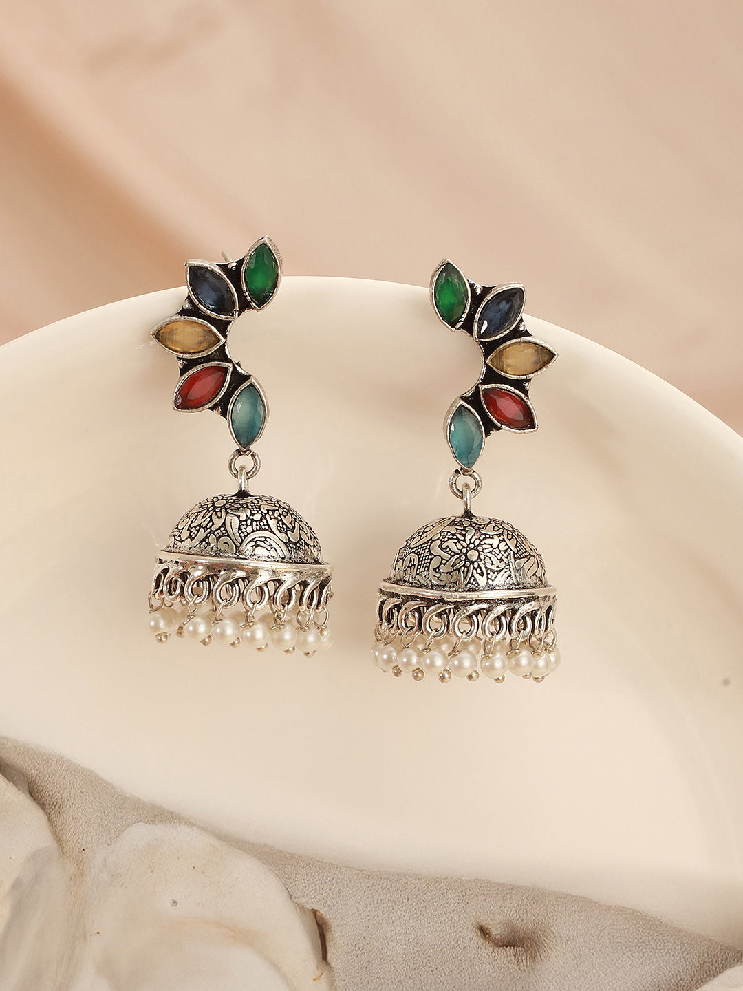 Oxidised Silver Toned Multicolored Handcrafted C Shaped Dangler Minimal  Jhumka Earrings