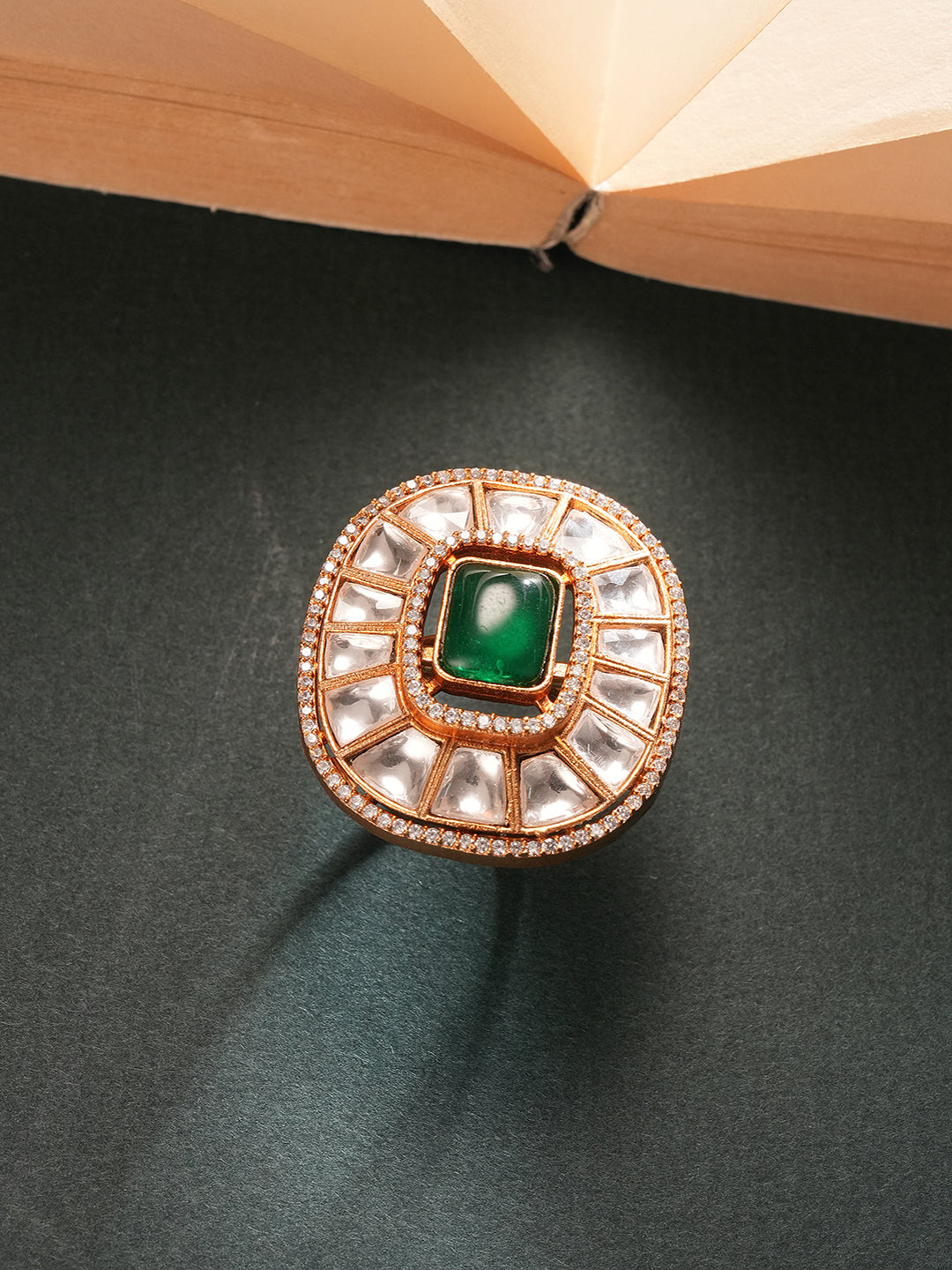 Gold Plated Green Emerald Kundan Studded Geometric Adjustable Cocktail Finger Ring