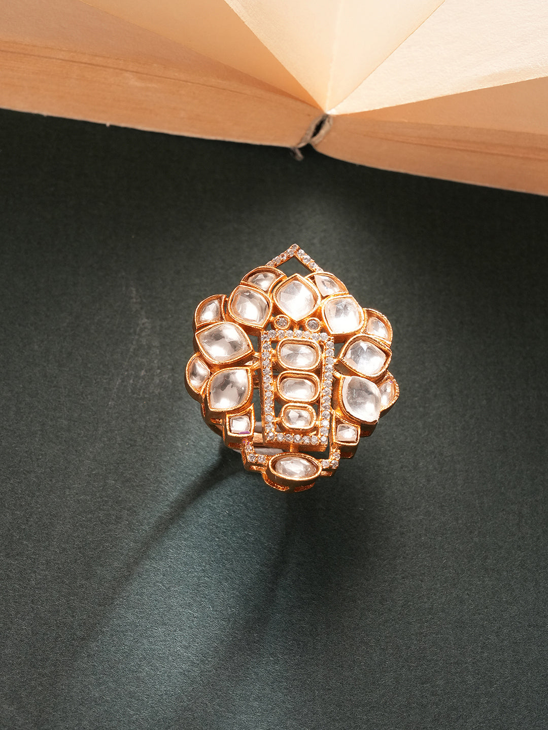 Gold Plated Uncut Polki Kundan Mossanite Studded Designer  Floral Adjustable Finger Ring