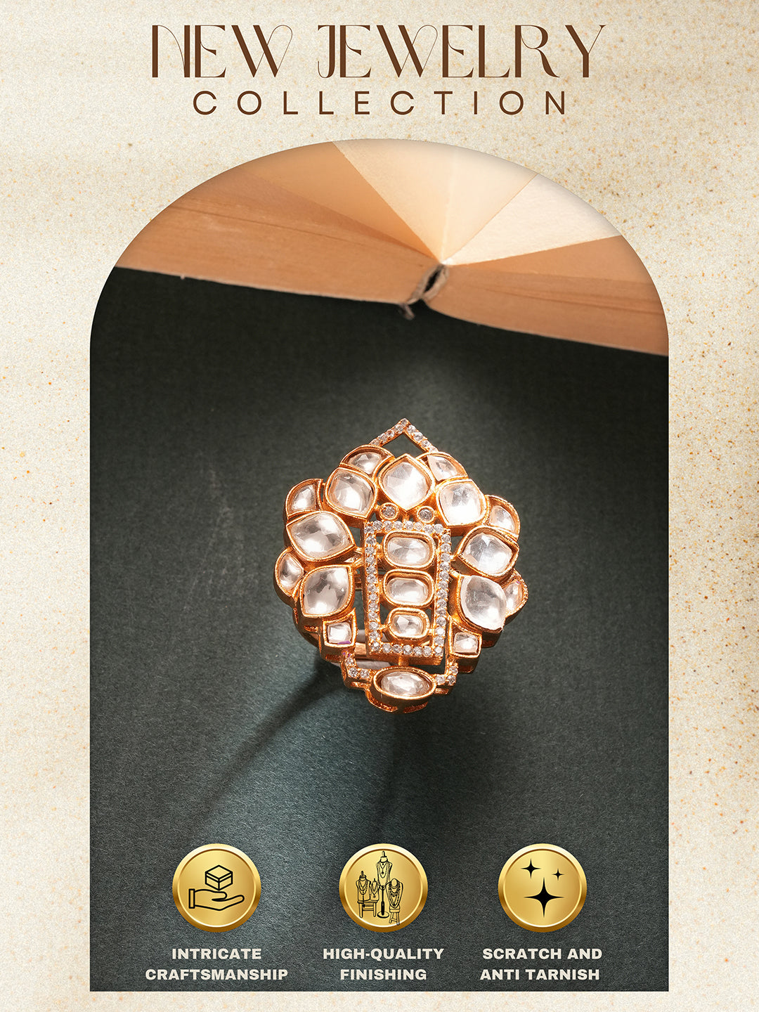 Gold Plated Uncut Polki Kundan Mossanite Studded Designer  Floral Adjustable Finger Ring