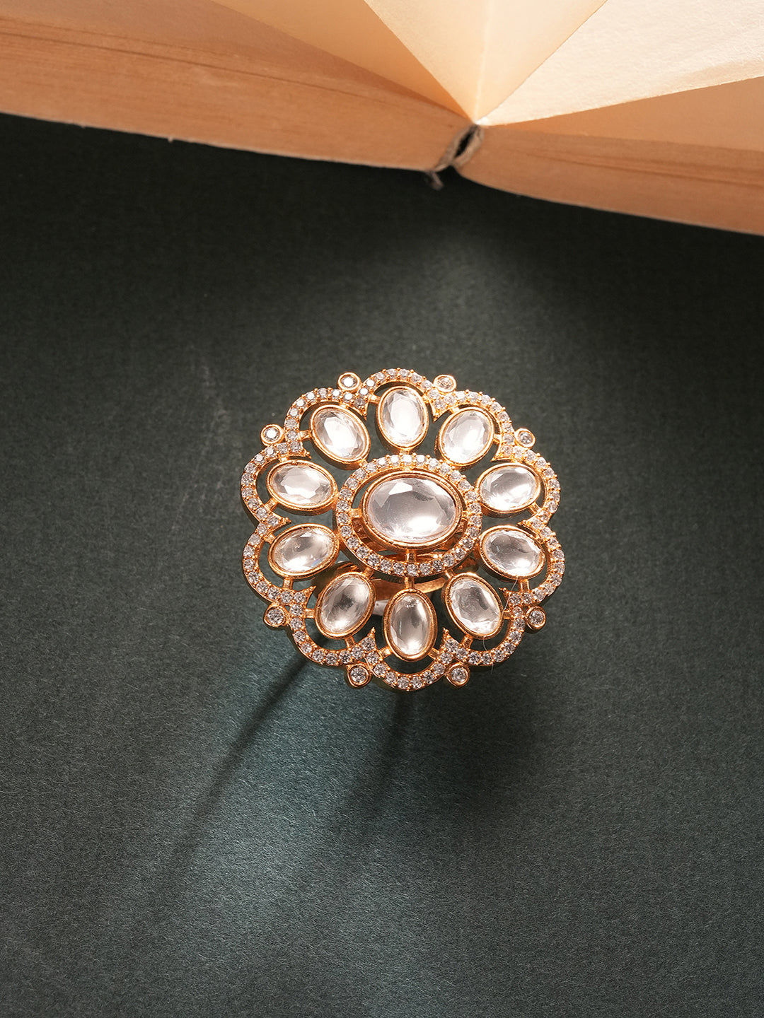 Gold Plated Kundan Mossanite Studded Floral Bridal Handcrafted Adjustable Finger Rings