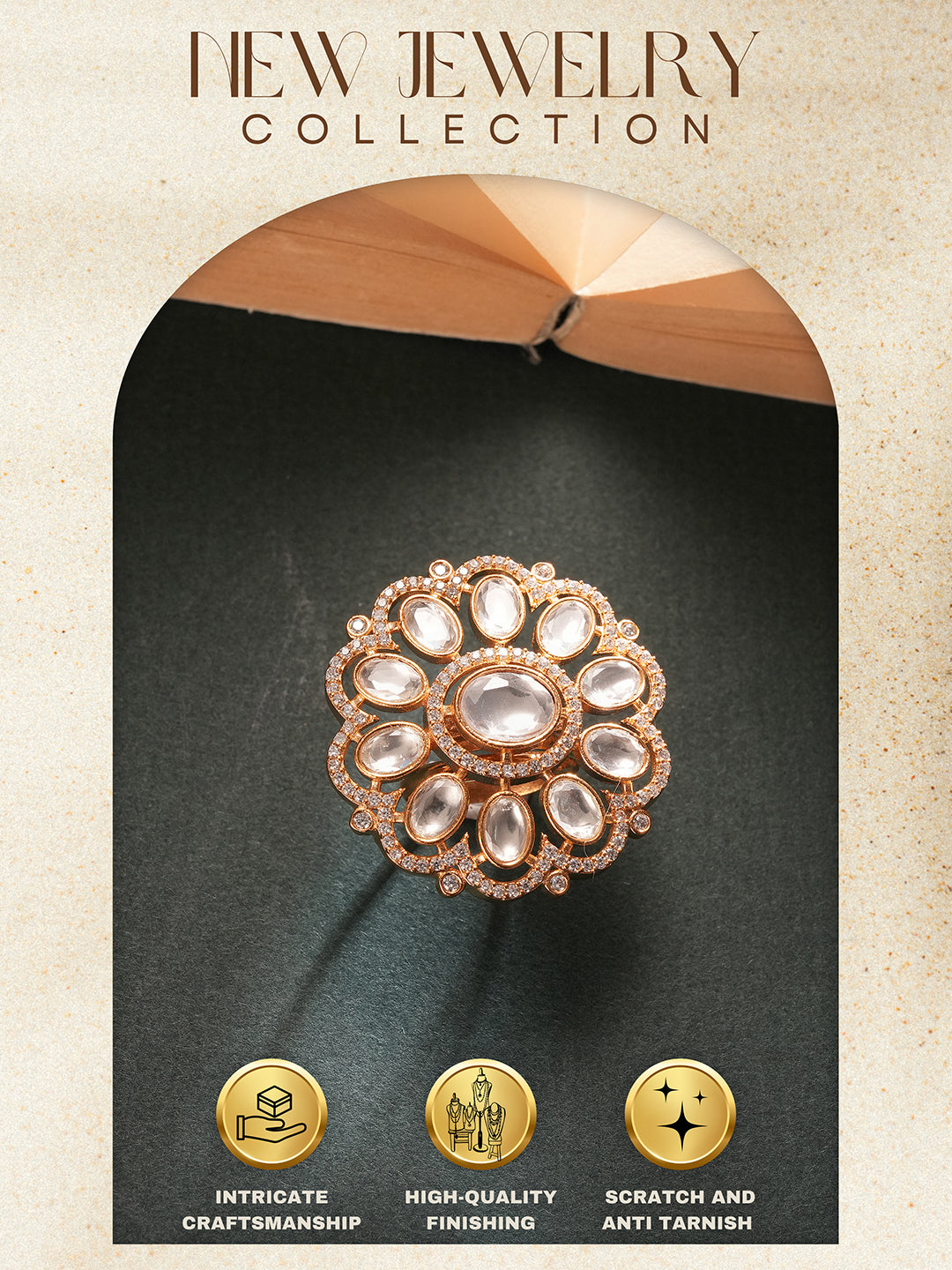 Gold Plated Kundan Mossanite Studded Floral Bridal Handcrafted Adjustable Finger Rings