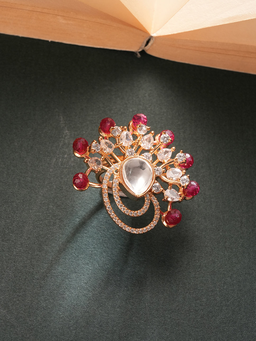 Gold Plated Kundan Red Beads Studded Floral Adjustable Cocktail Finger Ring