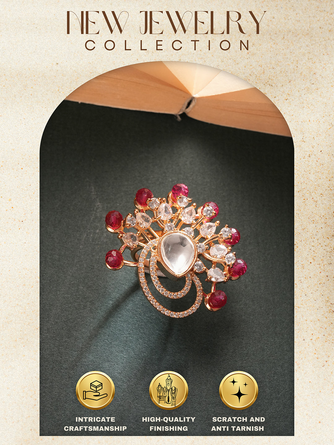 Gold Plated Kundan Red Beads Studded Floral Adjustable Cocktail Finger Ring