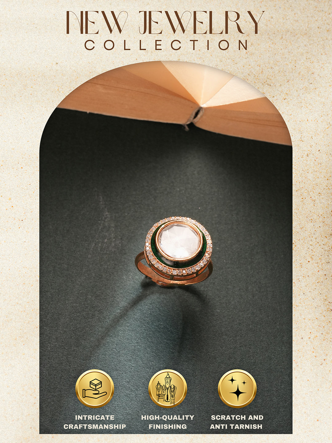 Gold Plated Incut Kundan Mossanite Studded Minimal Bridal Adjustable Handcrafted Finger Rings