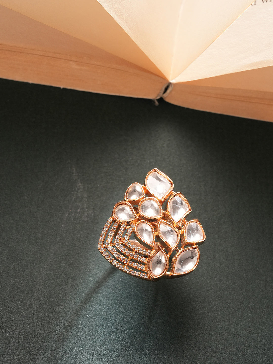 Gold Plated Uncut Polki Mossanite Kundan Studded Adjustable Cocktail Finger Ring