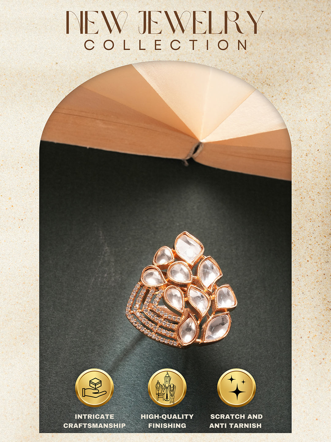 Gold Plated Uncut Polki Mossanite Kundan Studded Adjustable Cocktail Finger Ring