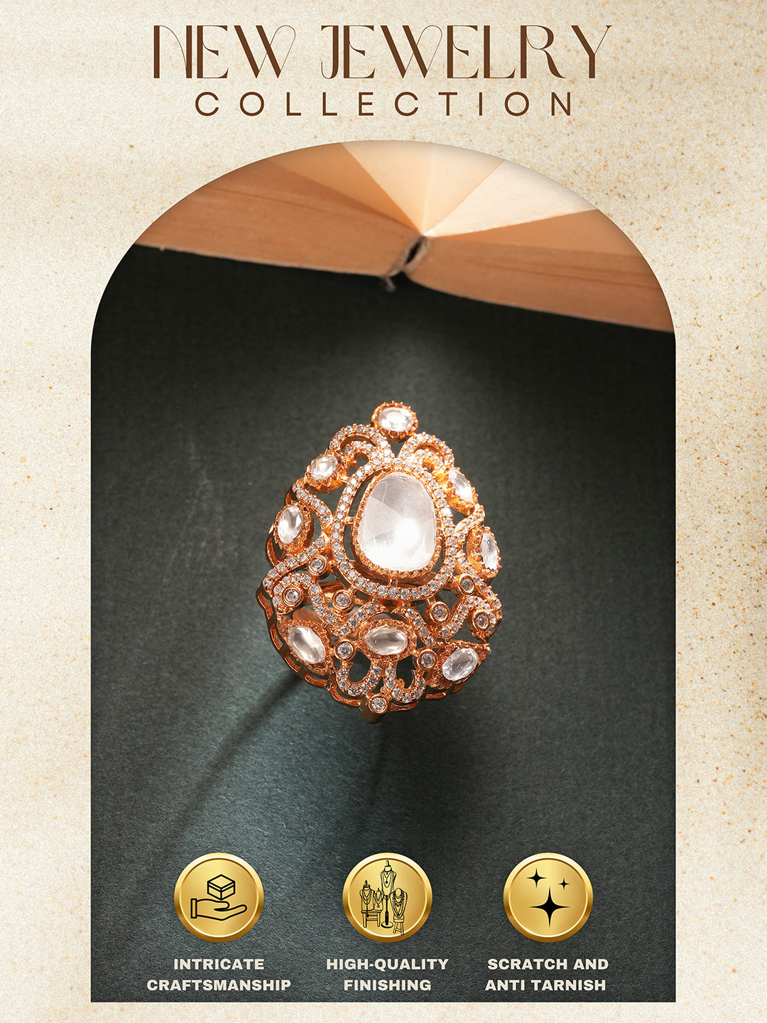 Gold Plated Kundan  Moissanite Studded Filigree Luxe Tilak Shaped Cocktail Finger Ring