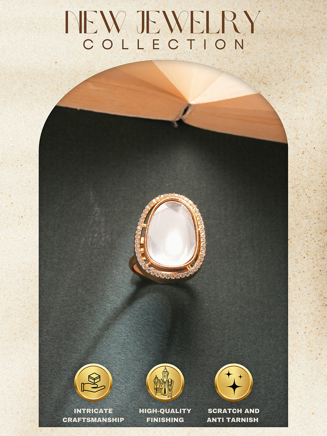 Gold Plated Kundan Mossanite Studded Minimal Bridal Handcrafted Adjustablle Finger Rings