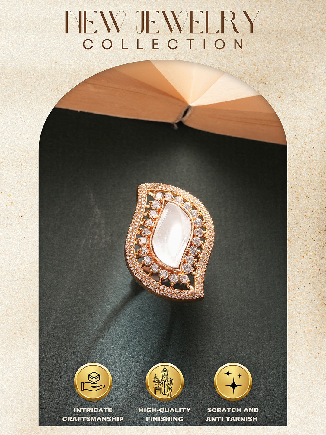 Gold Plated Uncut Kundan Polki Mossanite & Zircon Studded Luxe Quirky Adjustable Finger Ring