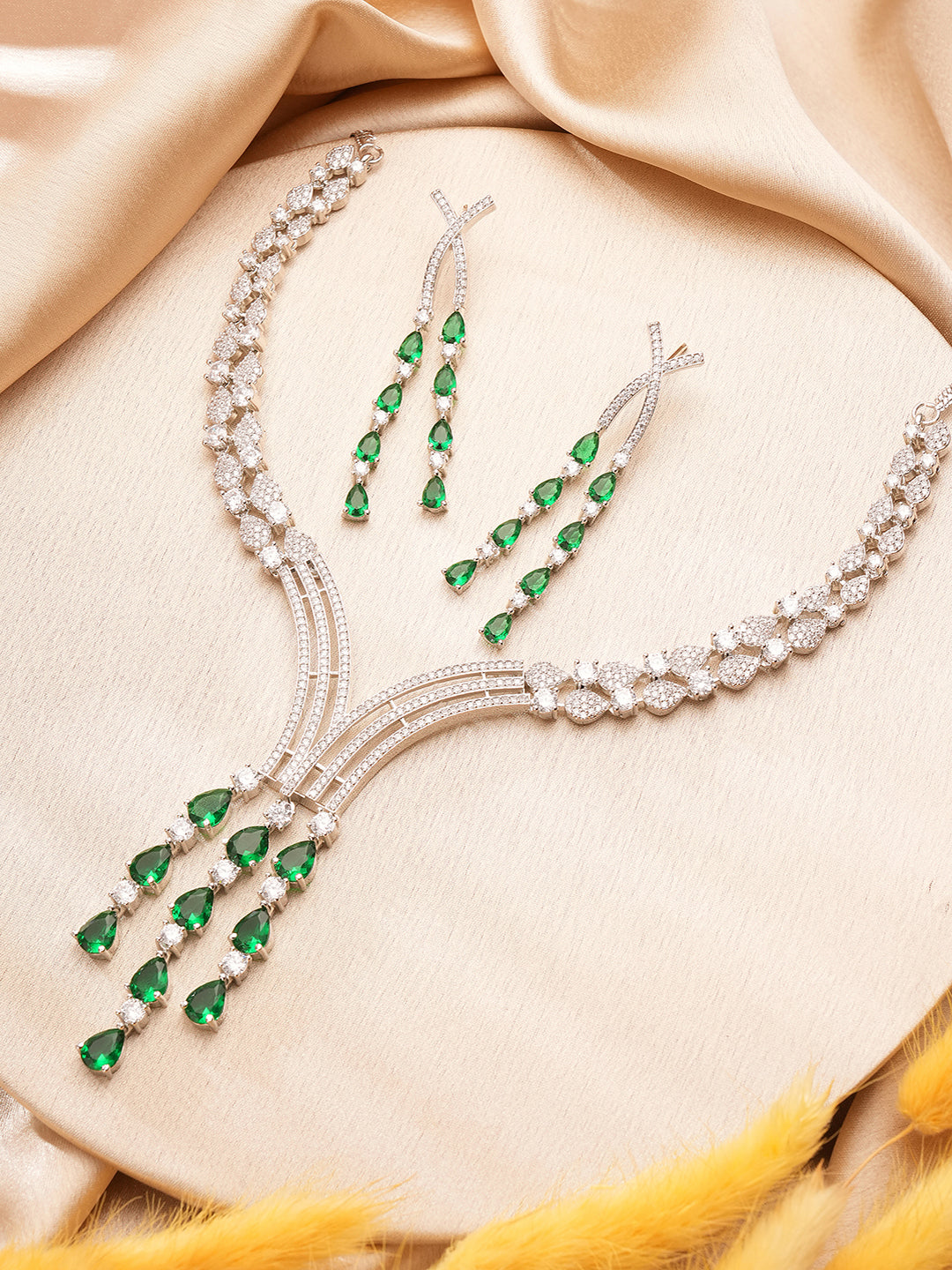 Silver Toned Emerald Green Zircon AD Studded Layered  Bridal Drop Designer Statement Necklace Jewellery Set