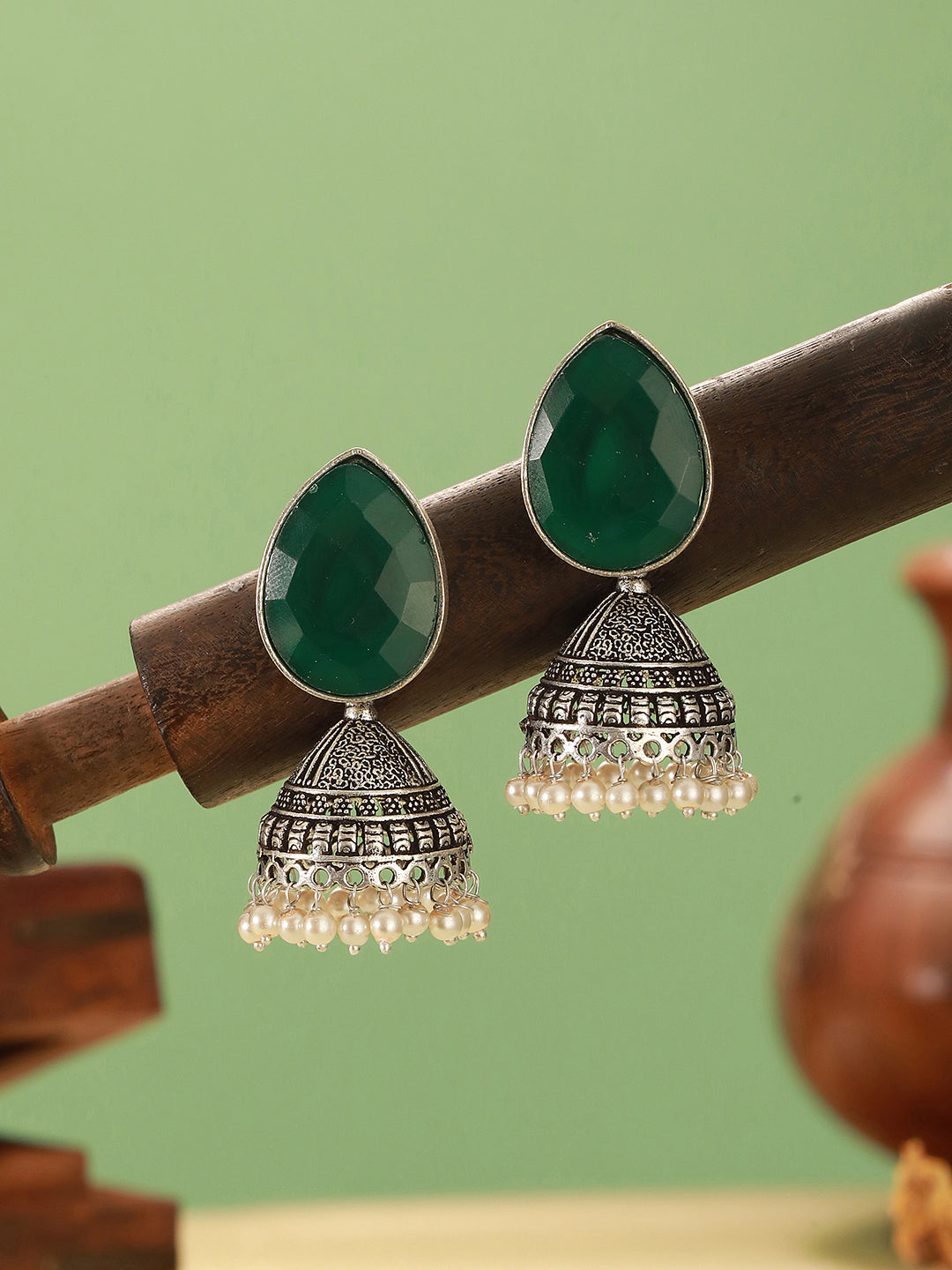 Oxidised Silver Toned Emerald Green Stone & Pearl Beaded Filigree Handcrafted Minimal Jhumka earrings