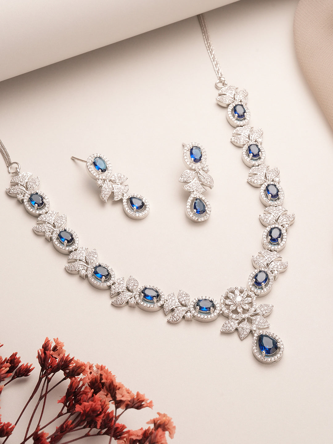 Silver Toned Sapphire Blue AD Studded Floral Delicate Statement Jewellery Set