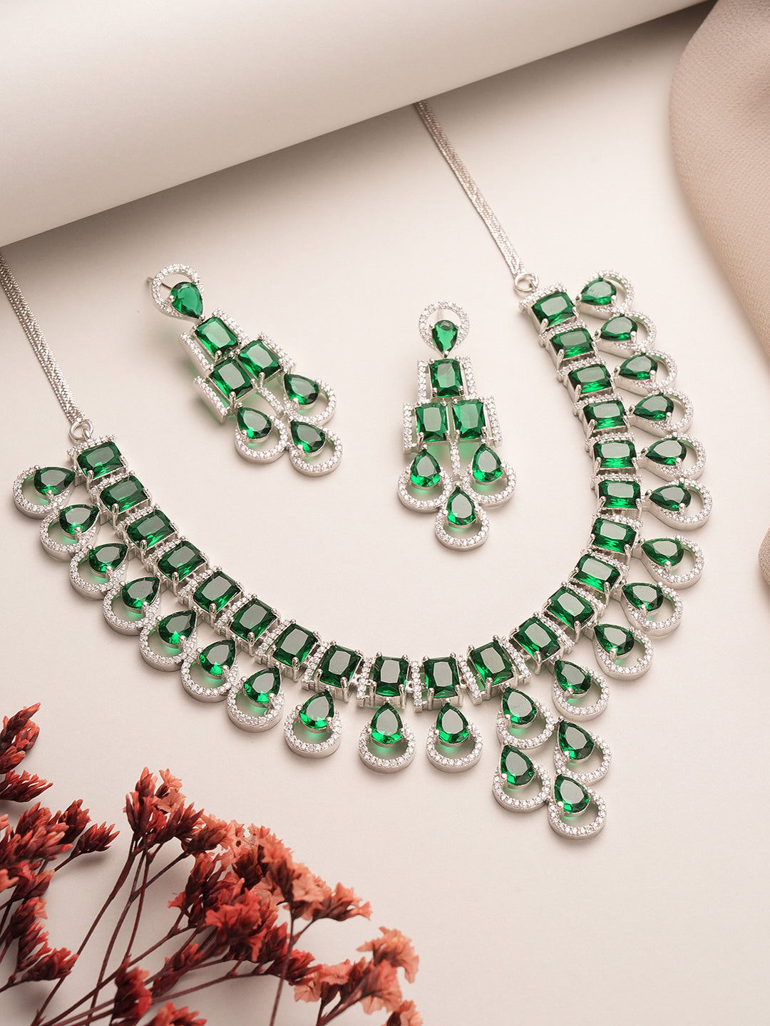 Silver Toned Emerald Green Zircon AD Studded Layered Drop Designer Statement Necklace Jewellery Set