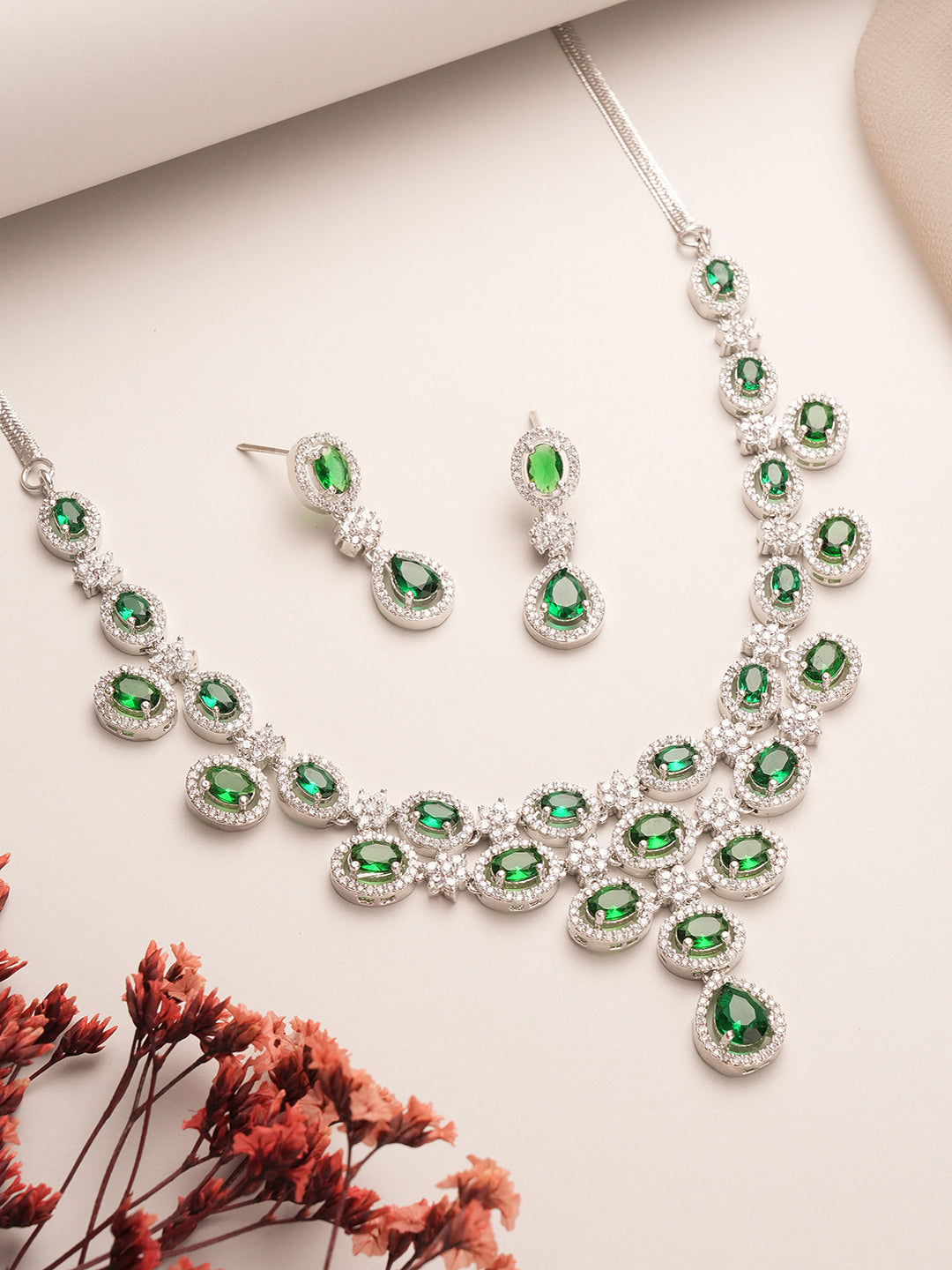 Silver Toned Emerald Green Zircon AD Studded Layered Bridesmaid Statement Jewellery Set