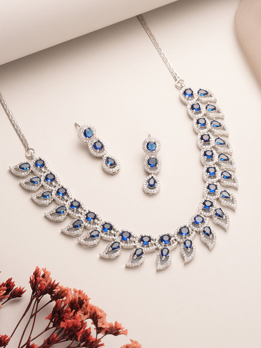 Silver Toned Zircon Emerald Blue AD Studded Mango Statement Necklace Jewellery Set