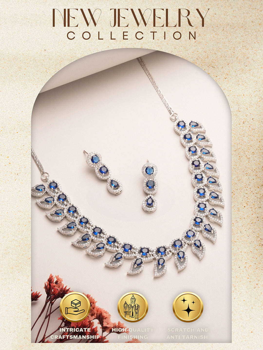 Silver Toned Zircon Emerald Blue AD Studded Mango Statement Necklace Jewellery Set