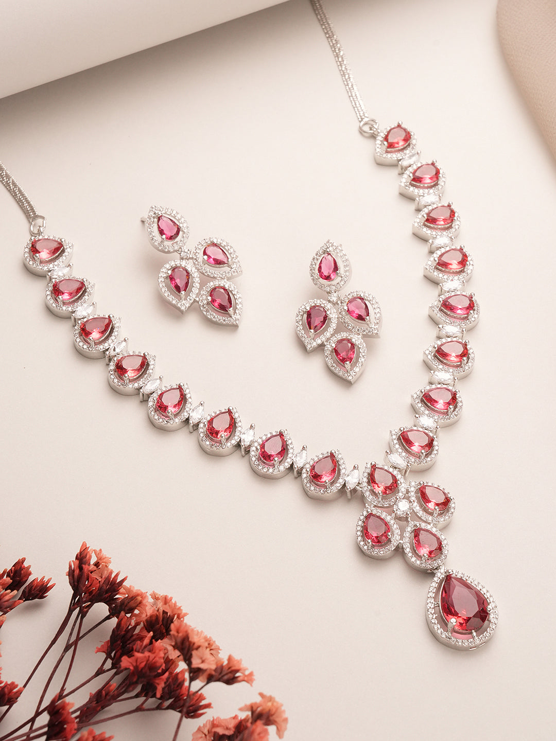 Silver Toned Ruby Red AD Studded Statement Delicate Necklace Jewellery Set