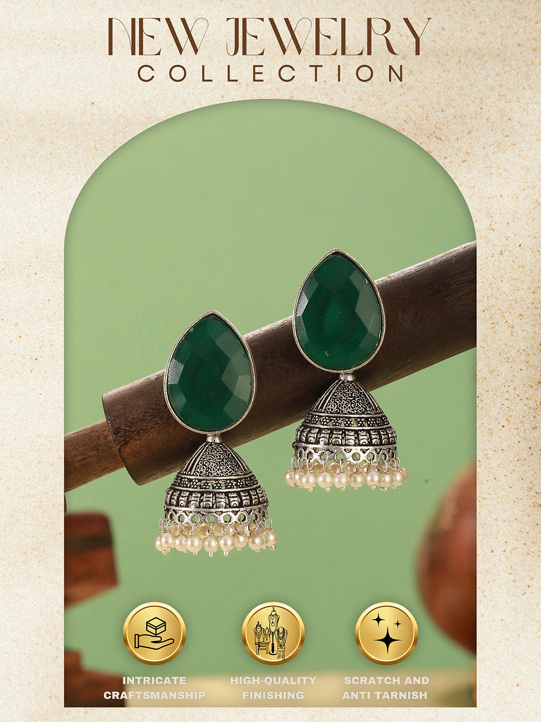Oxidised Silver Toned Emerald Green Stone & Pearl Beaded Filigree Handcrafted Minimal Jhumka earrings