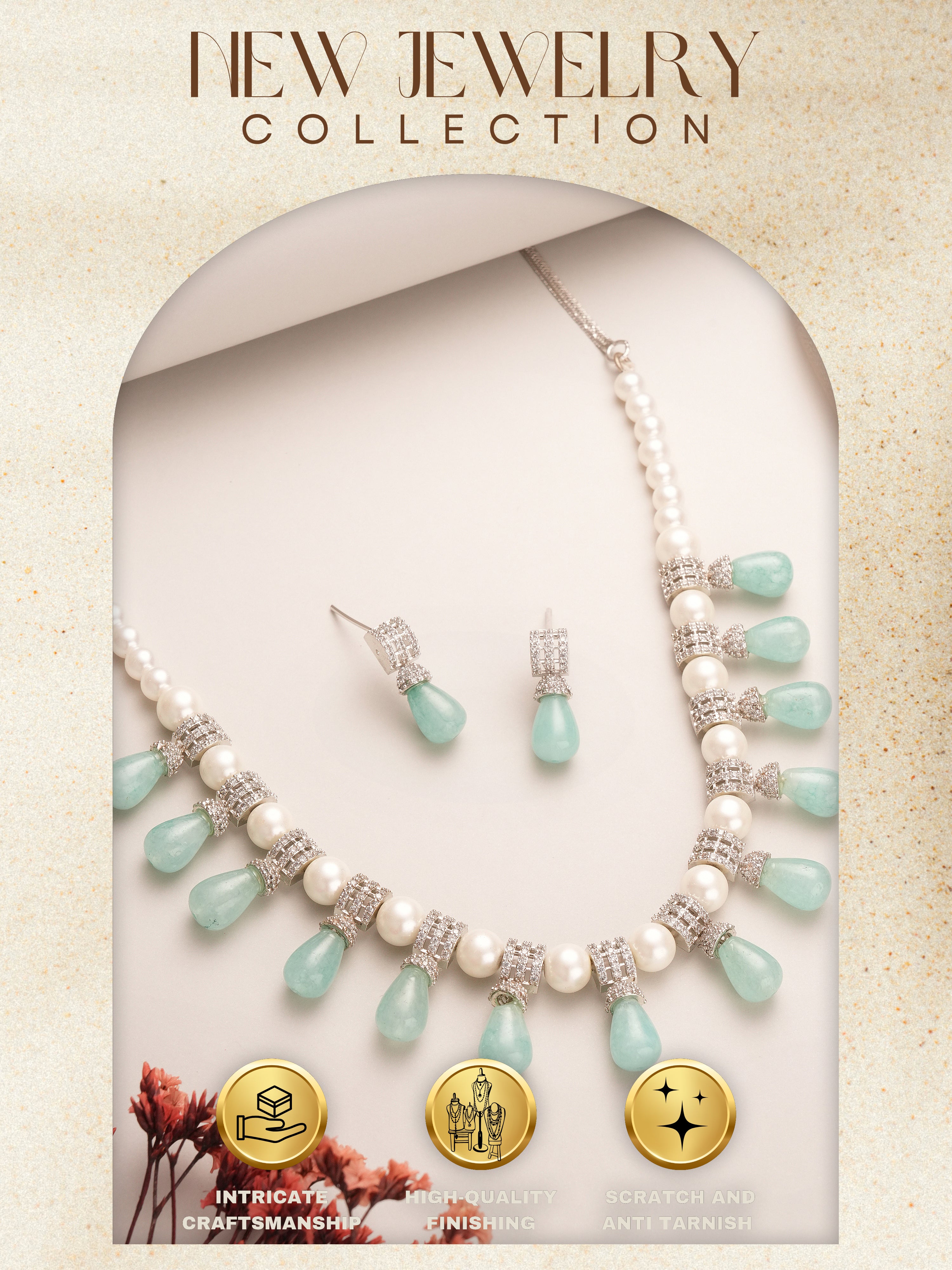 Zircon AD Studded Pearl & Mint Beads Beaded Designer Statement Jewellery Set