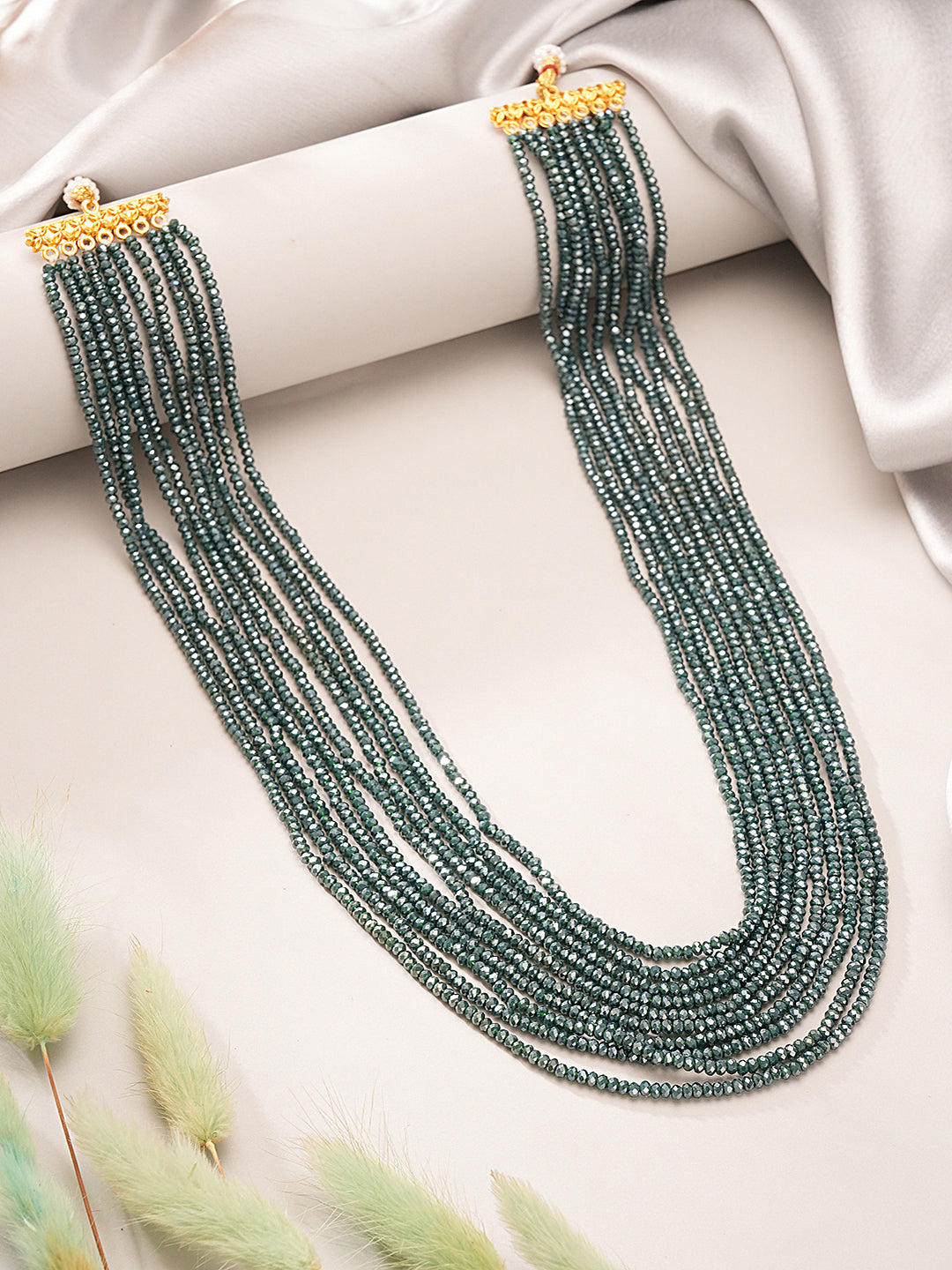 Multi-Layered Emerald Green Beaded Necklace with Gold Finish Jewellery for Women
