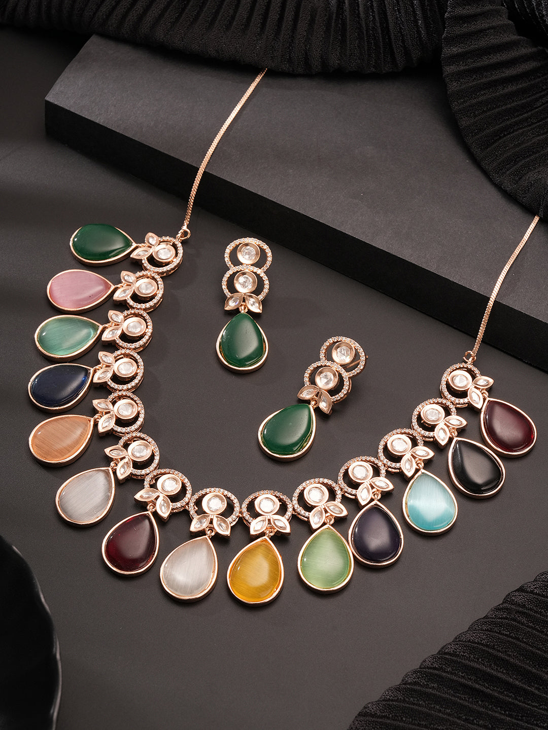 Gold Plated Navratan Multicoloured Kundan Studded Layered Floral Designer Jewellery Set