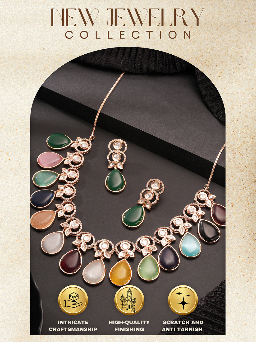 Gold Plated Navratan Multicoloured Kundan Studded Layered Floral Designer Jewellery Set