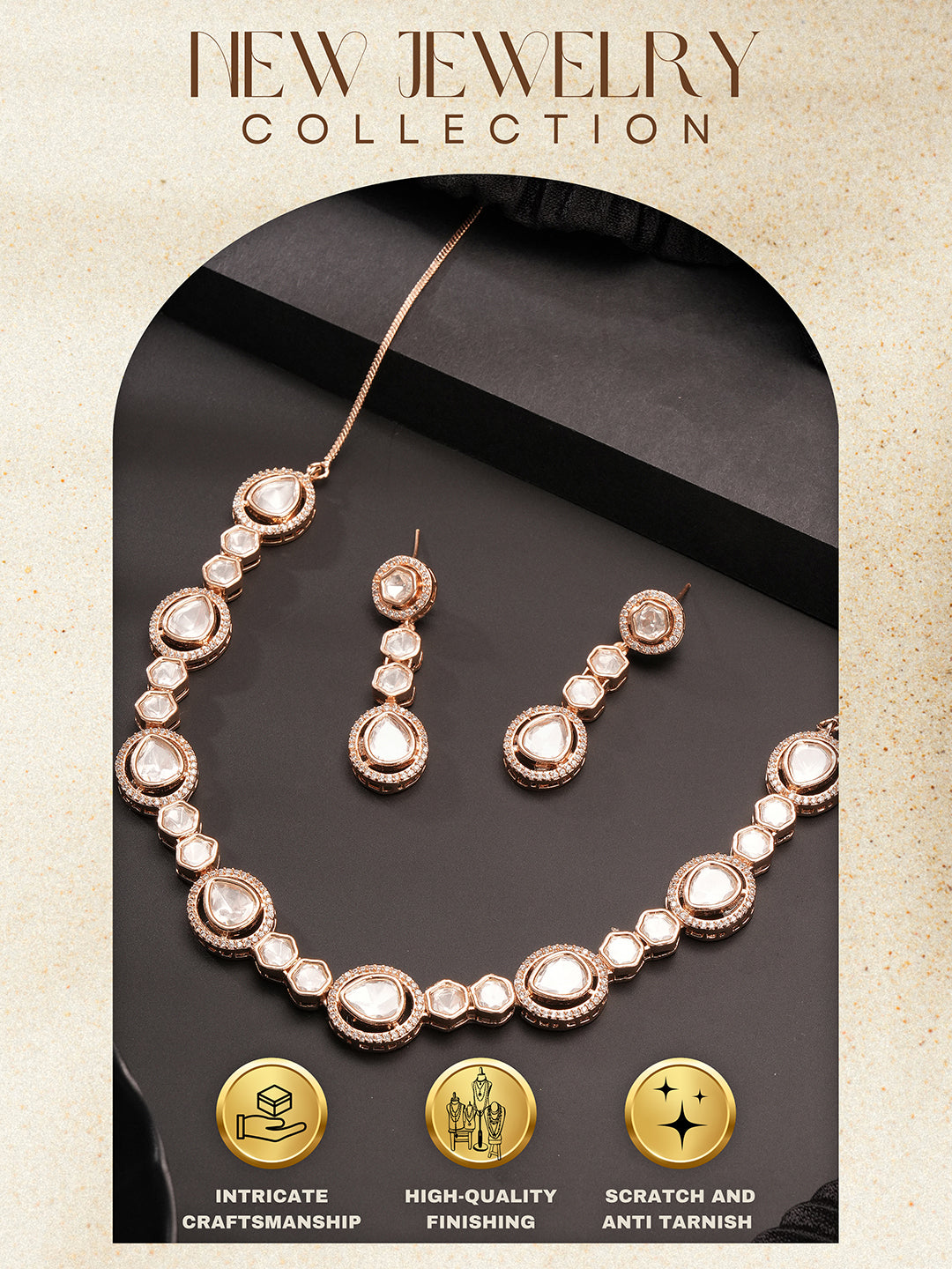 Gold Plated Polki Kundan Studded Minimal Solitaire Necklace Jewellery Set