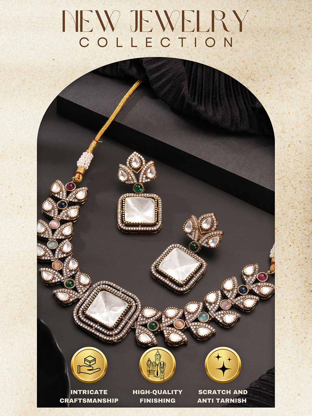 Oxidised Silver Toned Polki Kundan Studded Leafy Minimal Designer Choker Jewellery Set