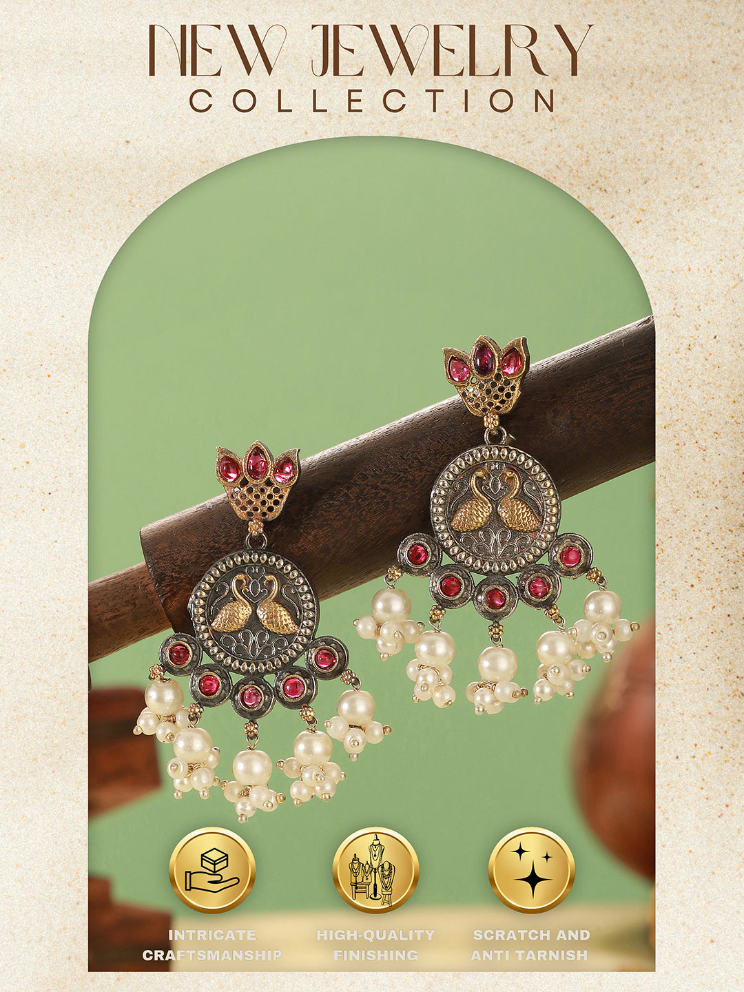 Oxidised Dual Toned Red Stone Pearl Beaded Handcrafted  Peacock Filigree Chandbali Earrings