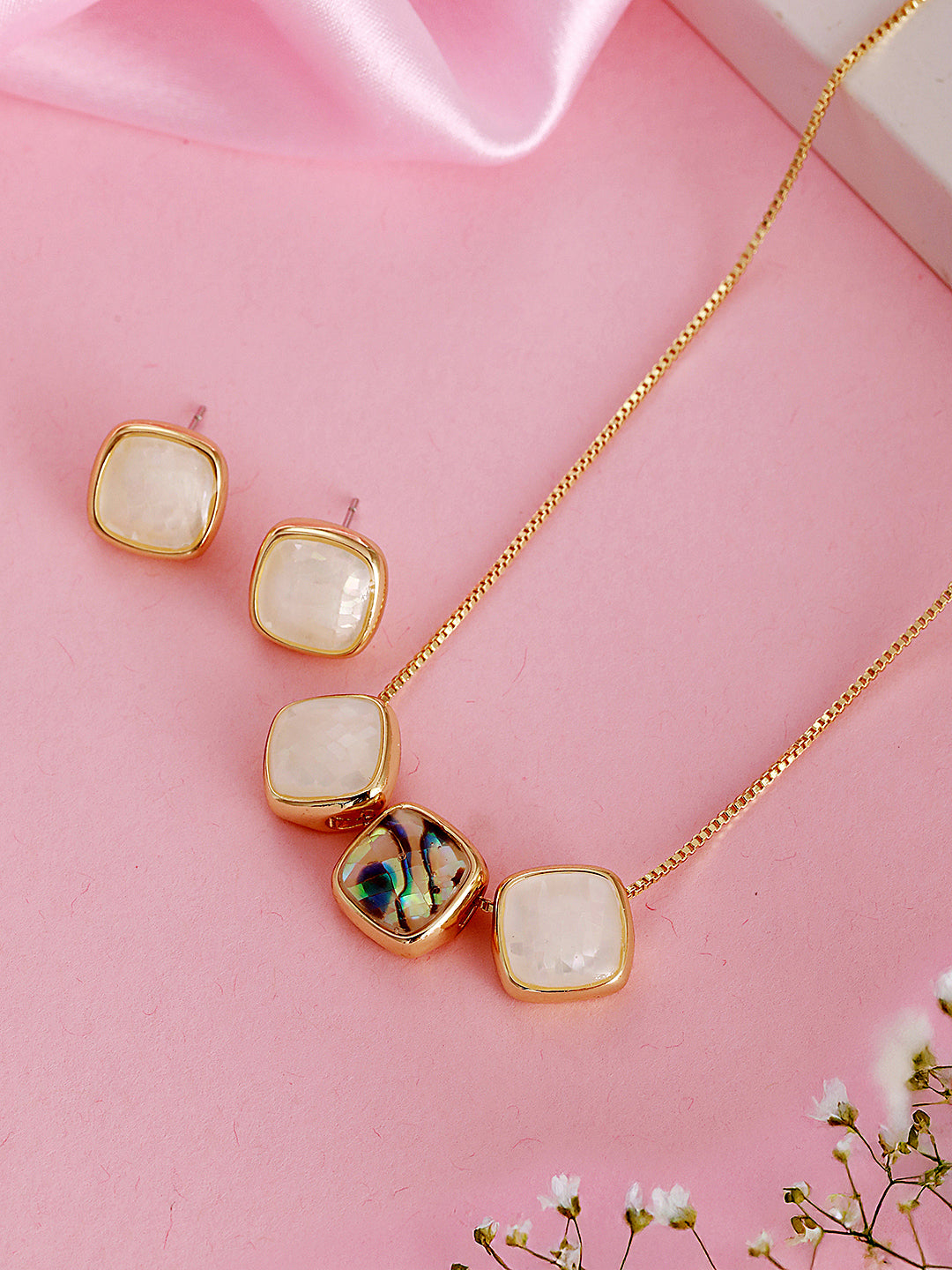 Elegant Square Stone Pendant Necklace & Earrings Set