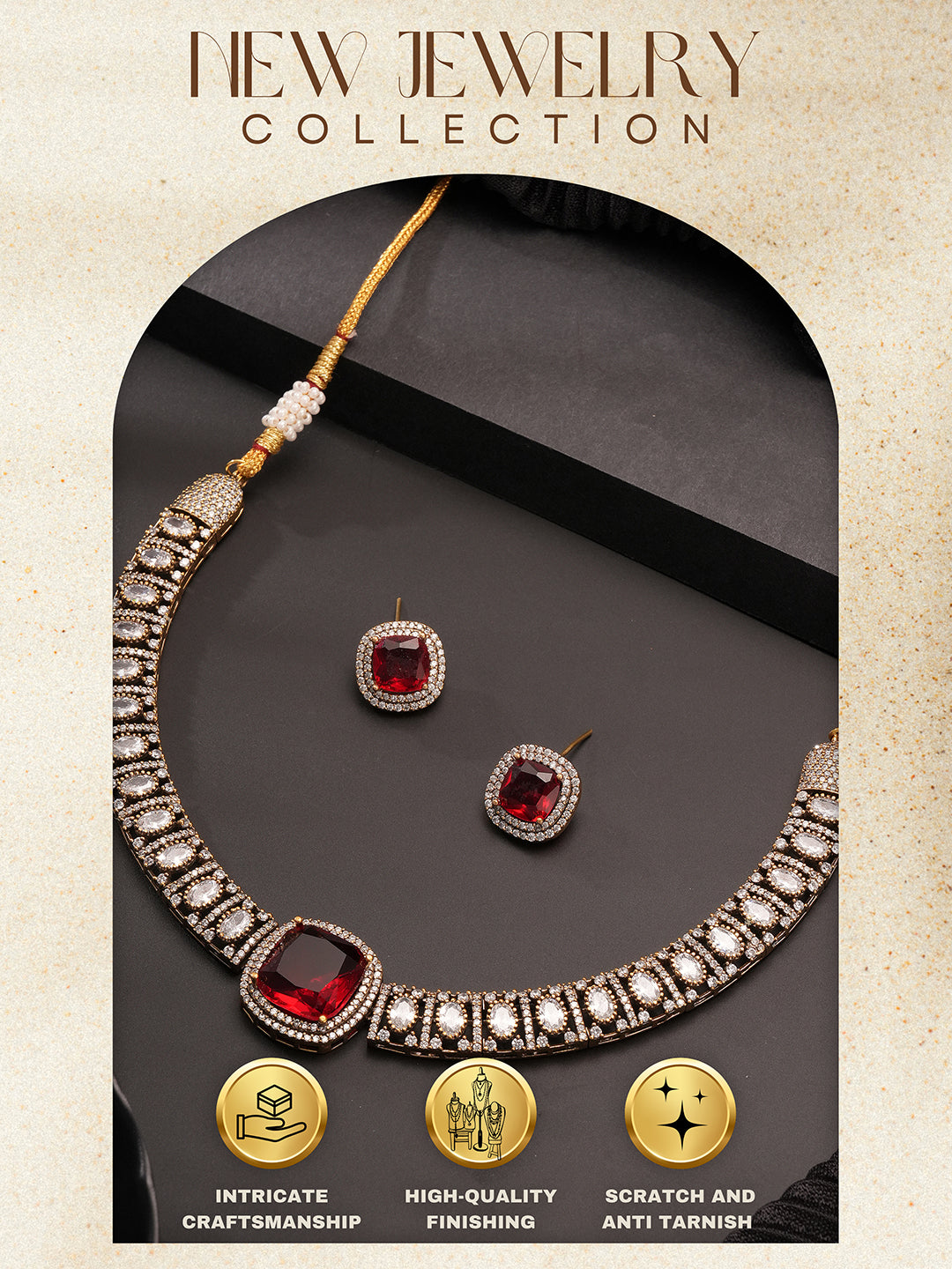 Oxidised Silver Toned Ruby Red AD Zircon Studded Minimal  Kundan Choker jewellery Set