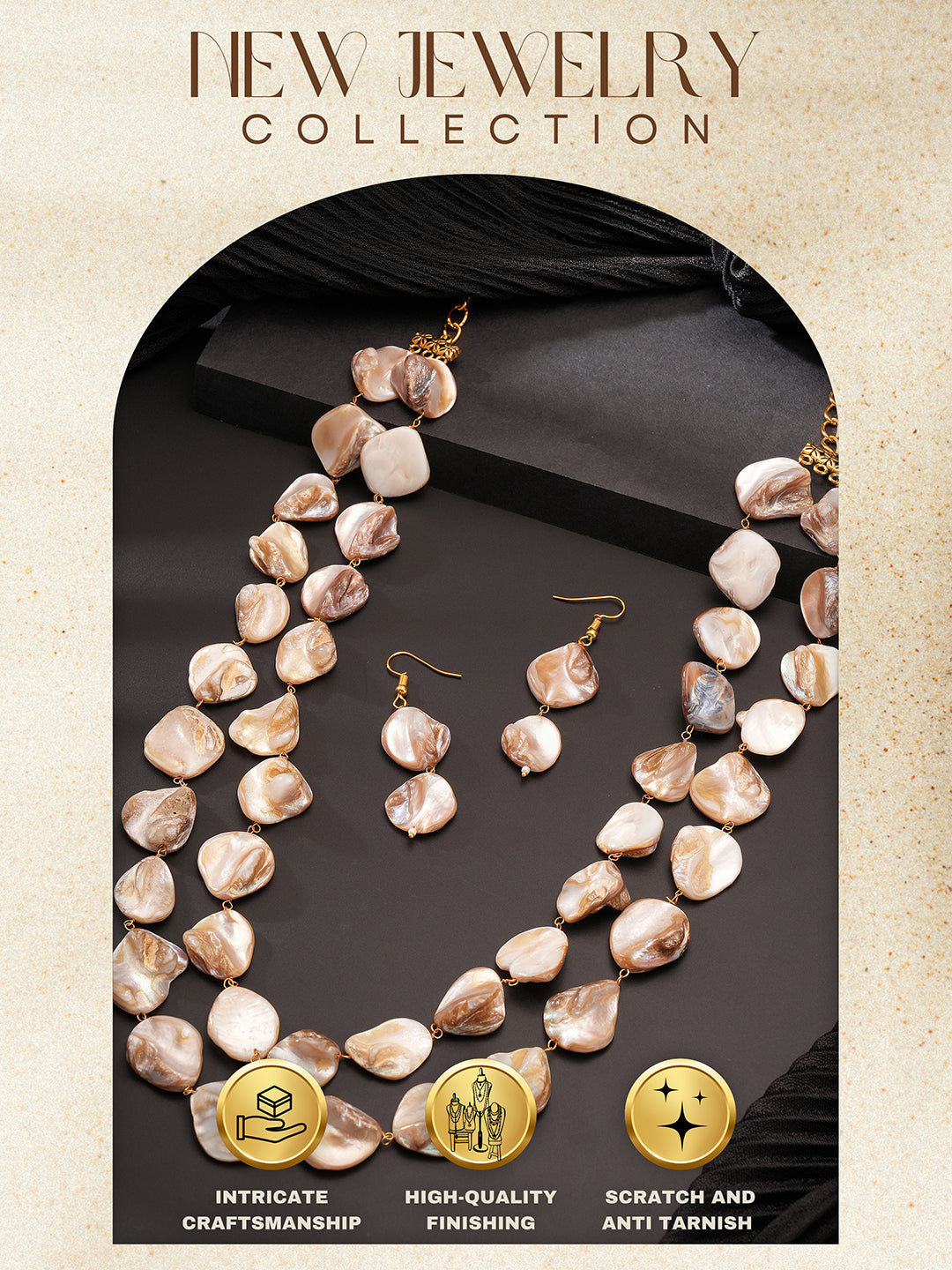 Beige Natural Stoned Beaded  Embedded Double Layered Trendy Maala Necklace jewellery Set